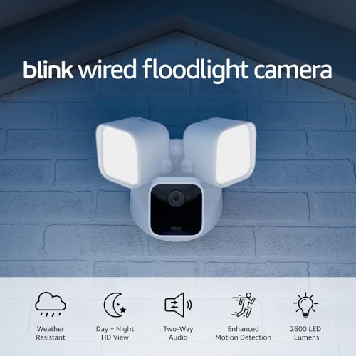 Blink Wired Floodlight Camera - Smart security camera, 2600 lumens, HD live view, enhanced motion detection, built-in siren, Works with Alexa - 1 camera (White)