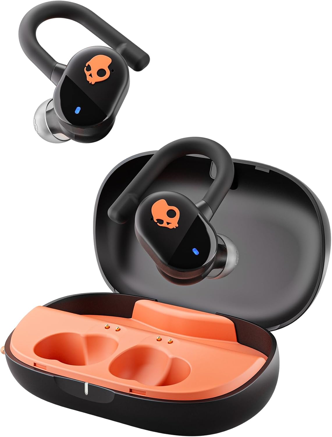 Skullcandy Push Play Active Wireless Earbuds, Bluetooth Headphones, Noise Isolating, 34 Hrs Battery, Secure-Fit Over-Ear Hanger, Sweat Water Resistant, Microphone for iPhone Android - Black/Orange