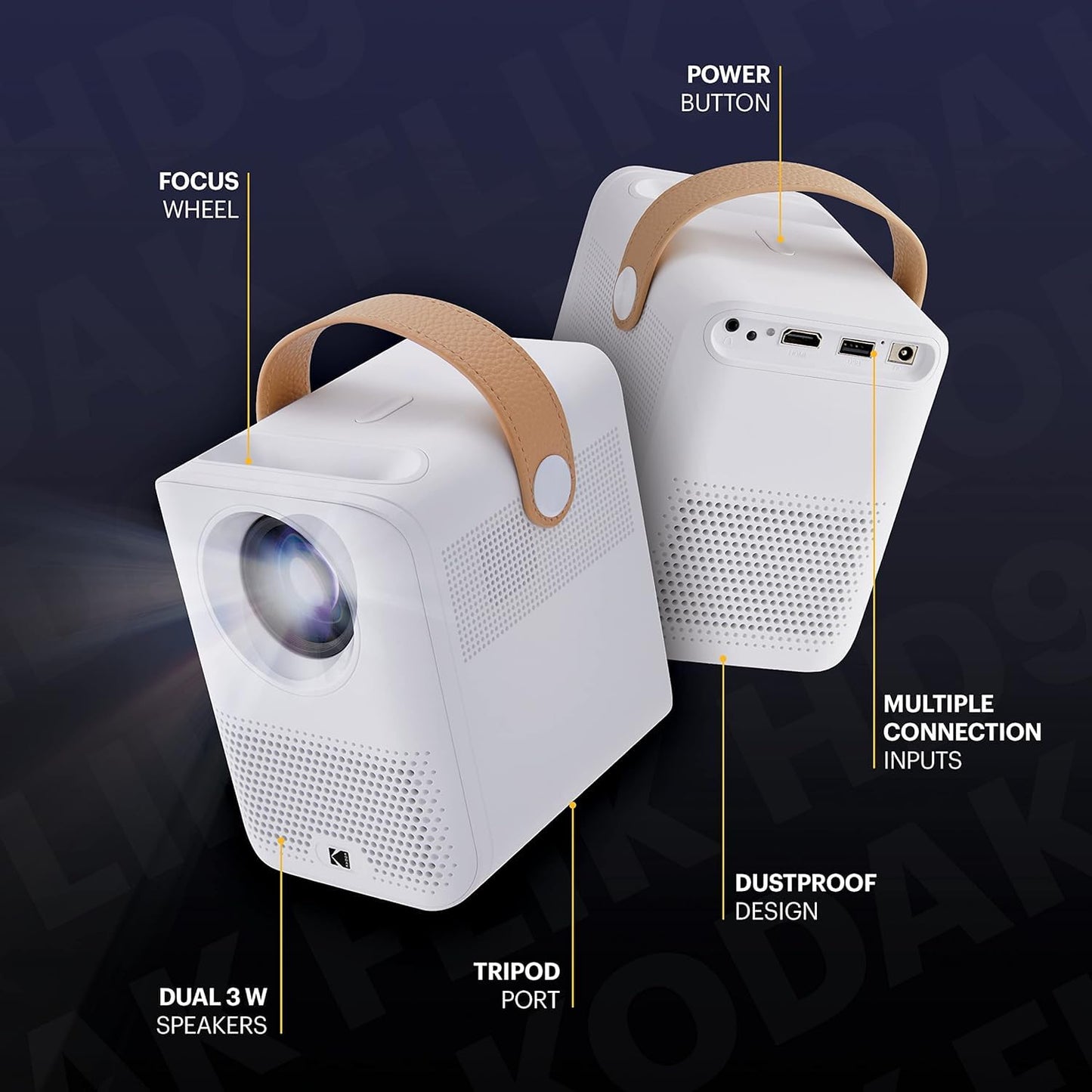 KODAK FLIK HD9 Smart Projector | Mini White Portable Indoor & Outdoor Movie with Android TV Streaming Apps, Wi-Fi and Bluetooth, Built-In Speakers & Voice Remote | FHD 1080p for Screens Up to 120”