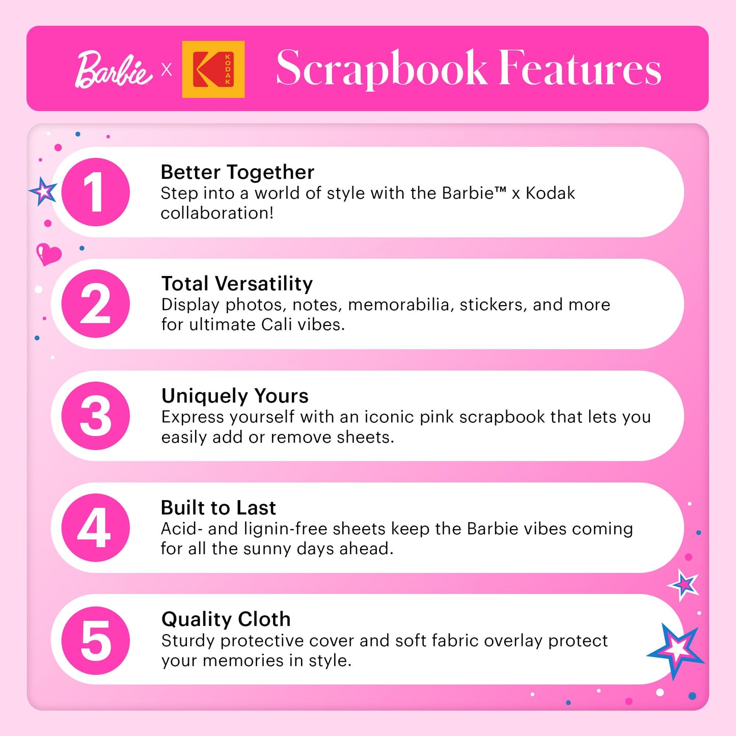 KODAK x Barbie Pink 8x8” Cloth Covered Scrapbook Photo Album with Front Picture Window for Barbie Instant 2x3” ZINK Zero Ink Photo Paper Projects