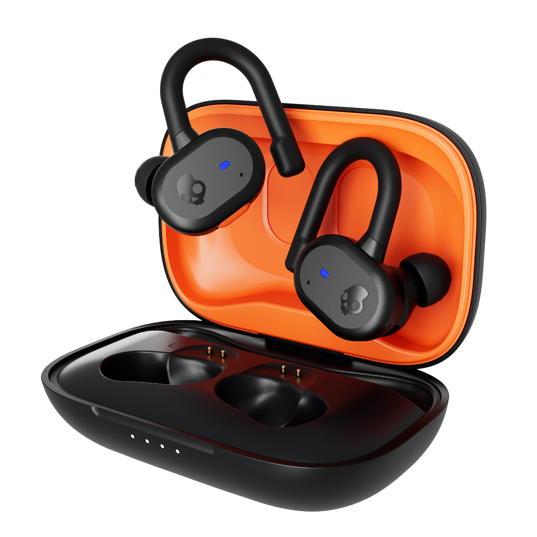 Skullcandy Push Active Wireless Earbuds, Bluetooth Headphones, Noise Isolating, 44 Hrs Battery, Secure-Fit Over-Ear Hanger, Sweat and Water Resistant, Microphone for iPhone Android - True Black/Orange