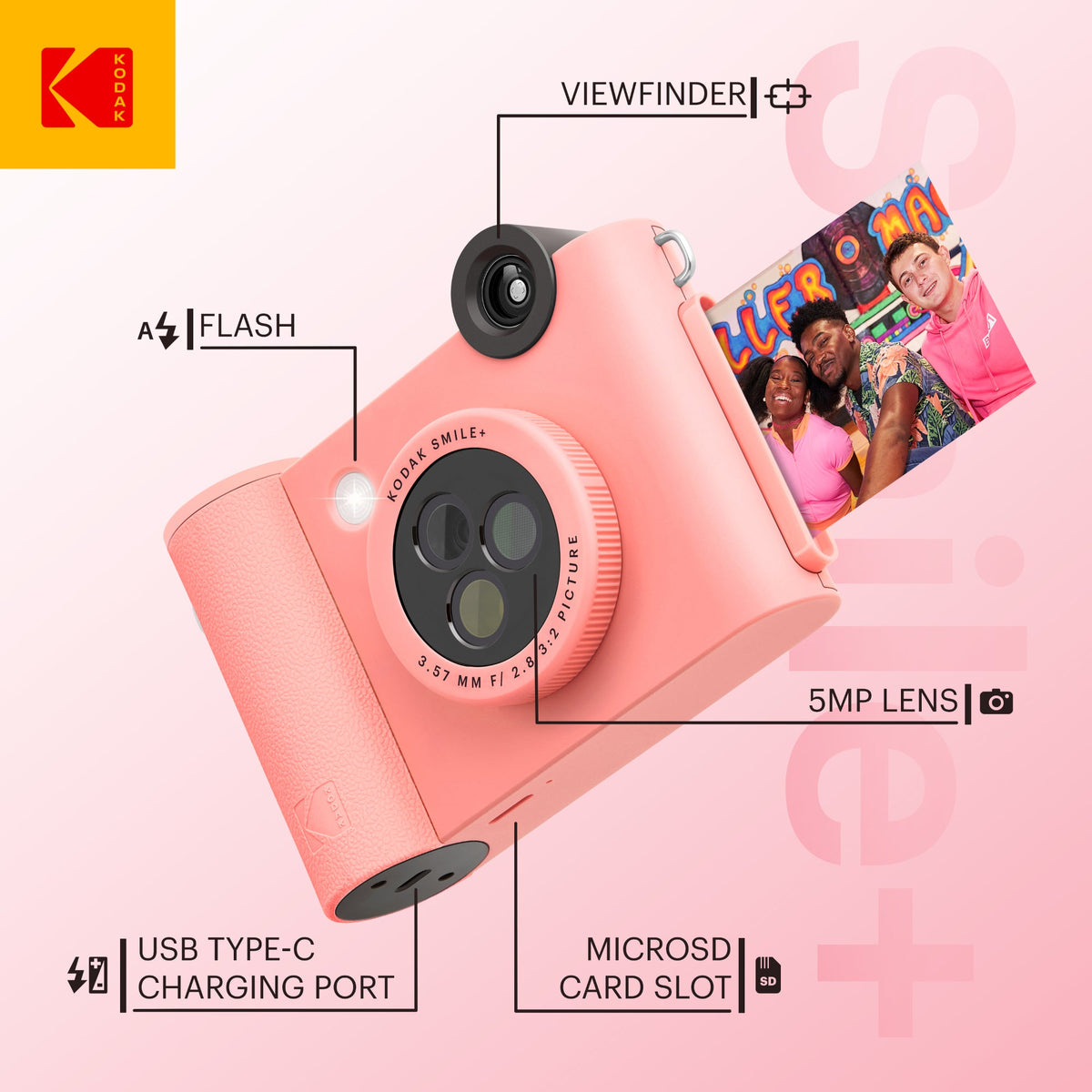Kodak Smile+ 2-in-1 Instant Print Camera and Bluetooth Photo Printer, 10MP - Pink
