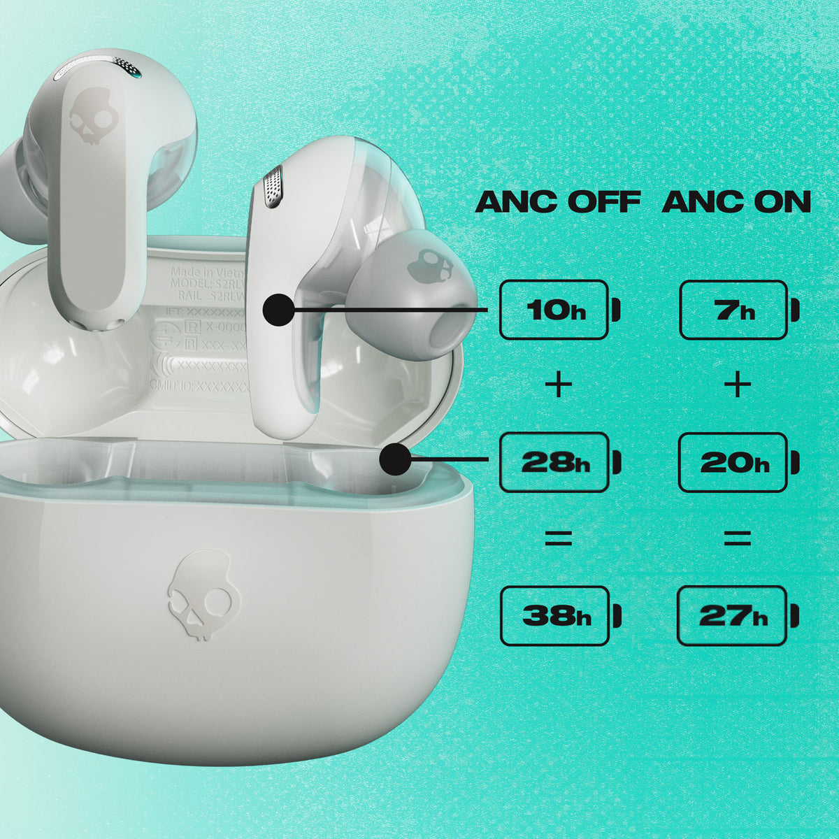 Skullcandy Rail ANC True Wireless Noise Cancelling Earbuds - Bone