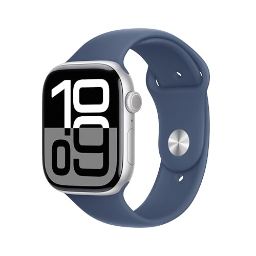 Apple Watch Series 10 [GPS 46mm case] Smartwatch with Silver Aluminium Case with Denim Sport Band - M/L. Fitness Tracker, ECG App, Always-On Retina Display, Water Resistant