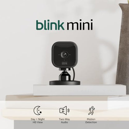 Blink Mini - Compact indoor plug-in smart security camera, 1080p HD video, night vision, motion detection, two-way audio, easy set up, Works with Alexa - 1 camera (Black)