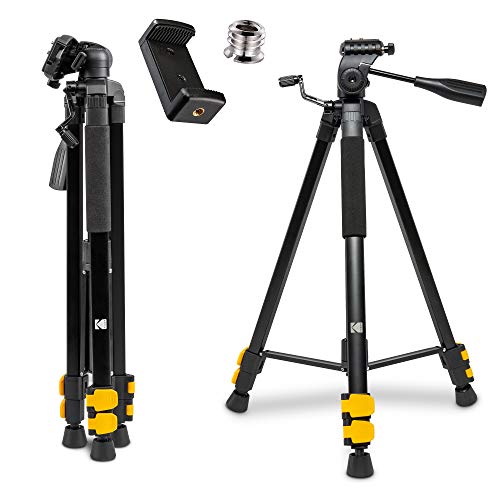 KODAK PhotoGear 62" Lightweight Tripod | Compact 3-Section Flip-Lock Aluminum Tripod Adjusts 22”-62”, QuickRelease Plate, Smartphone Adapter & 1/4” to 3/8” Screw, Bubble Level, Carry Case, E-Guide