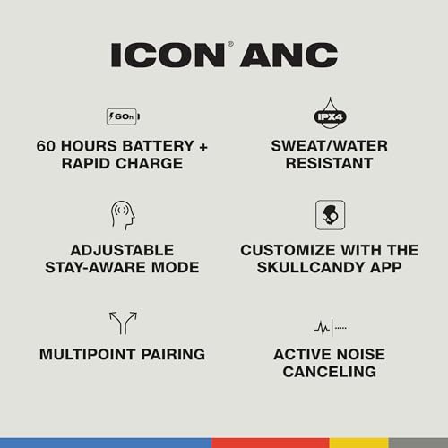 Skullcandy Icon ANC Wireless On-Ear Bluetooth Headphones, Active Noise Cancelling, Up to 60 Hours Battery, Sweat Water Resistant, Foldable and Durable, Microphone for iPhone Android - Bone