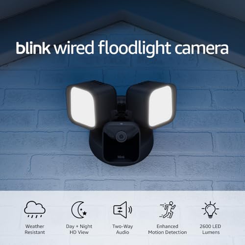 Blink Wired Floodlight Camera - Smart security camera, 2600 lumens, HD live view, enhanced motion detection, built-in siren, Works with Alexa - 1 camera (Black)
