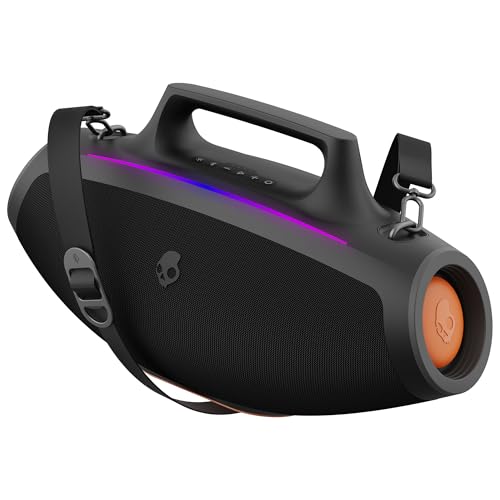 Skullcandy Barrel Bluetooth Boombox Speaker - Water-Resistant Wireless Portable Speaker, with LED Lightshow Mode, 12 Hour Battery, Multi-Link, & USB-C & USB-A Output Charging (Black)