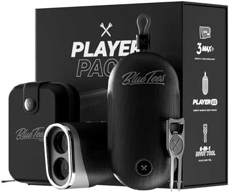 Blue Tees Golf Player Pack GO Bundle - Series 3 Max+ Rangefinder with Premium Case, The Player GO GPS Equipped Magnetic Speaker & Premium 6-in-1 Utility Divot Tool - The Complete Golf Bundle