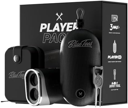Blue Tees Golf Player Pack GO Bundle - Series 3 Max+ Rangefinder with Premium Case, The Player GO GPS Equipped Magnetic Speaker & Premium 6-in-1 Utility Divot Tool - The Complete Golf Bundle