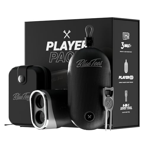 Blue Tees Golf Player Pack GO Bundle - Series 3 Max+ Rangefinder with Premium Case, The Player GO GPS Equipped Magnetic Speaker & Premium 6-in-1 Utility Divot Tool - The Complete Golf Bundle