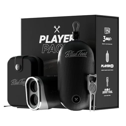 Blue Tees Golf Player Pack GO Bundle - Series 3 Max+ Rangefinder with Premium Case, The Player GO GPS Equipped Magnetic Speaker & Premium 6-in-1 Utility Divot Tool - The Complete Golf Bundle