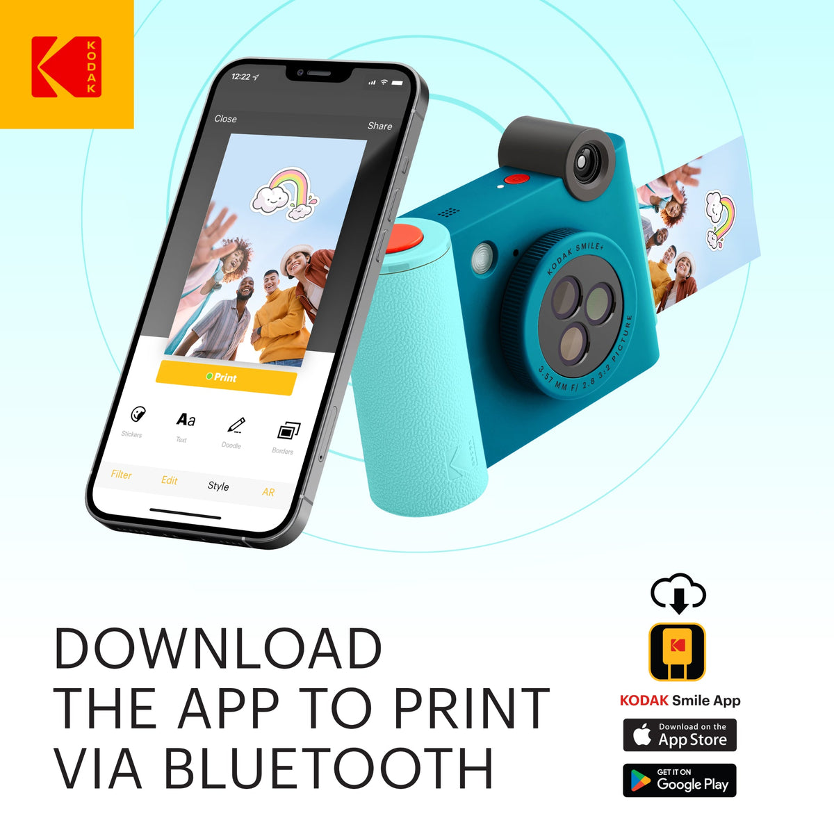 Kodak Smile+ 2-in-1 Instant Print Camera and Bluetooth Photo Printer, 10MP - Blue