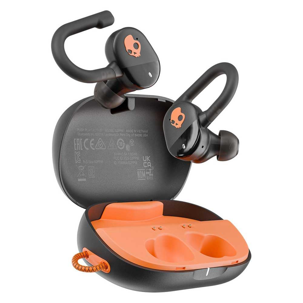 Skullcandy Push Play Active Wireless Earbuds, Bluetooth Headphones, Noise Isolating, 34 Hrs Battery, Secure-Fit Over-Ear Hanger, Sweat Water Resistant, Microphone for iPhone Android - Black/Orange