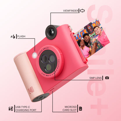 Kodak Smile+ 2-in-1 Instant Print Camera and Bluetooth Photo Printer, 10MP - Fuchsia