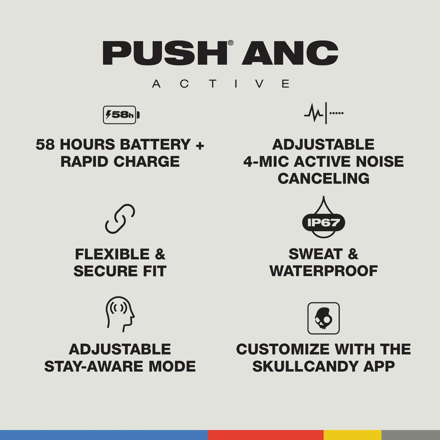 Skullcandy Push ANC Active Wireless Earbuds, Bluetooth Headphones, Noise Cancelling, 58 Hours Battery, Secure-Fit Over-Ear Hanger, Sweat and Waterproof, Microphone for iPhone Android - Black/Orange