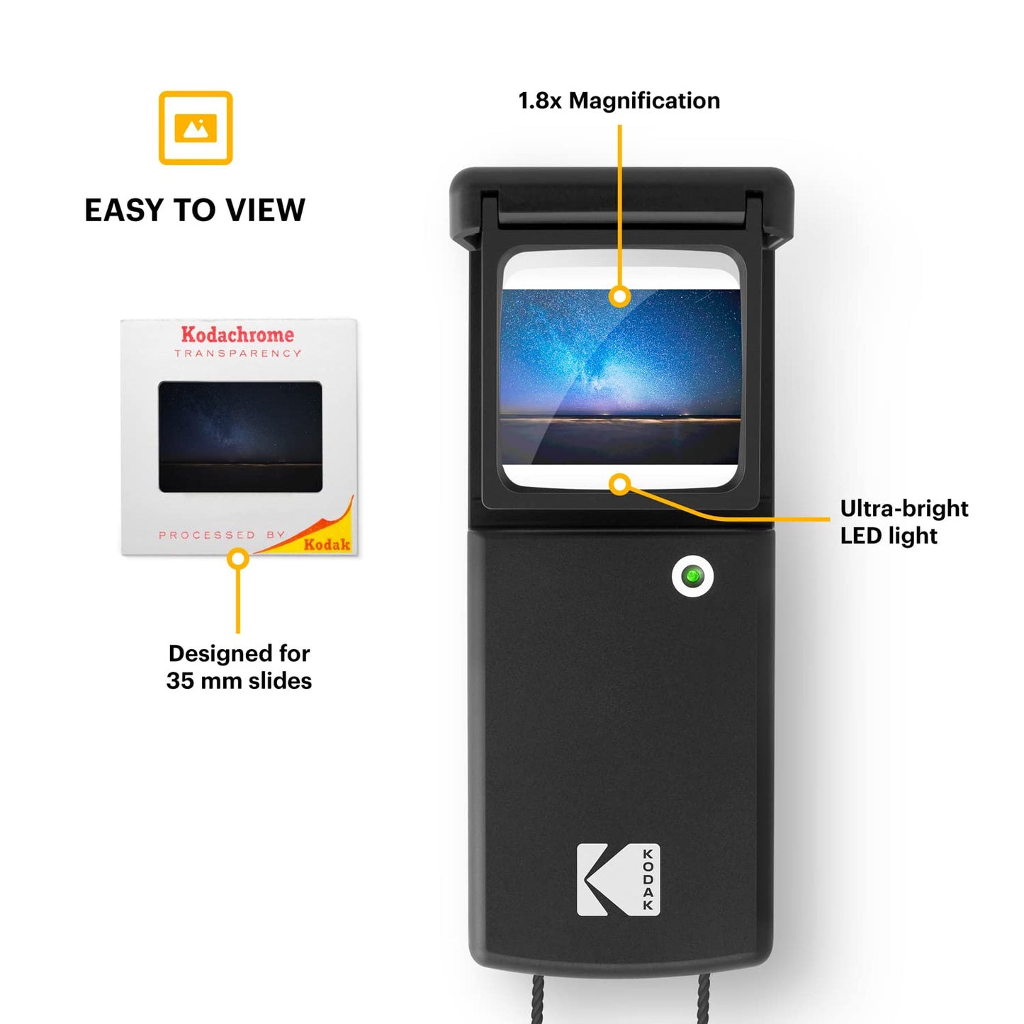 KODAK Magnifying Lighted Slide Viewer, Compact Portable 1.8x LED Backlight for Vintage 35mm Film Slides, Battery Operated, Neck Lanyard included