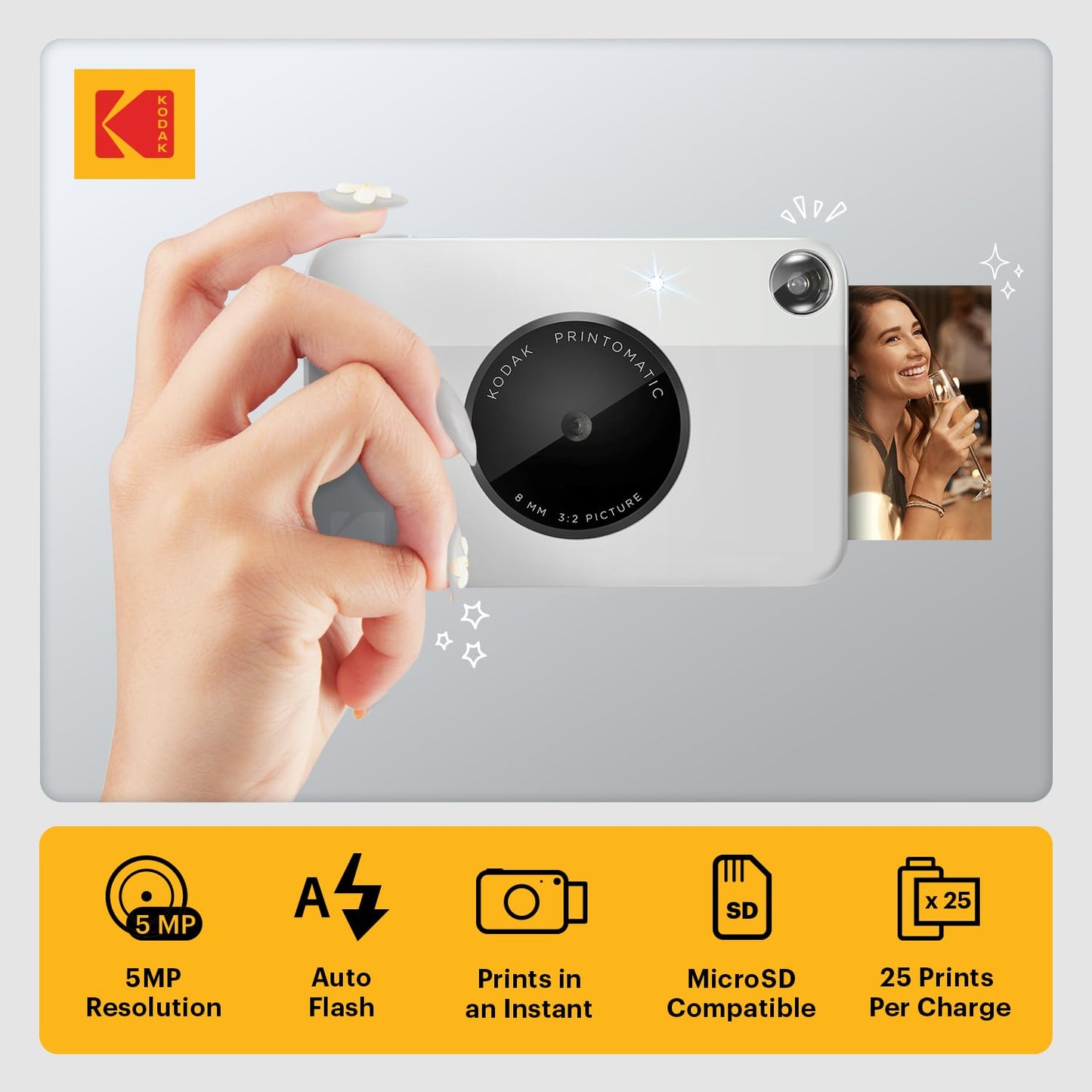 KODAK Printomatic Full-Color Instant Print Digital Camera - Colorful Photos On Zink 2x3" Sticky-Back Photo Paper - 5MP, Portable, Creative Fun Gift for Birthday, Christmas, Holiday - Grey
