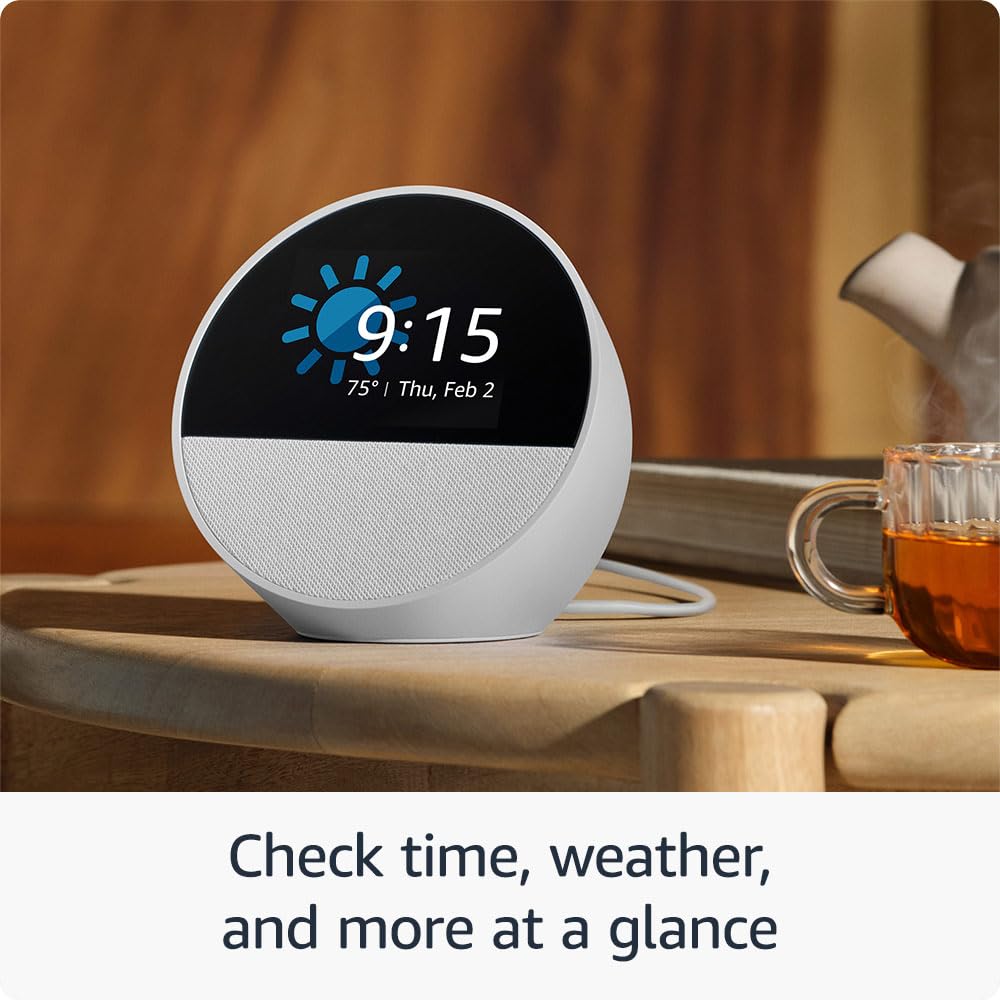 Amazon Echo Spot (newest model), Great for nightstands, offices and kitchens, Smart alarm clock with Alexa, Glacier White