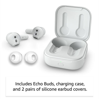 Amazon Echo Buds (newest model), True Wireless Bluetooth 5.2 Earbuds with Alexa, audio personalization, multipoint, 20H battery with charging case, fast charging, sweat resistant, Glacier White
