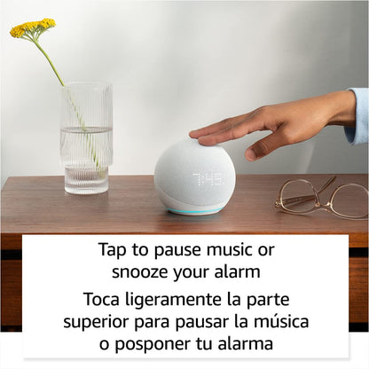Echo Dot (5th Gen, 2022 release) with clock | International Version with EU Power Adaptor | Smart speaker with clock and Alexa | Glacier White