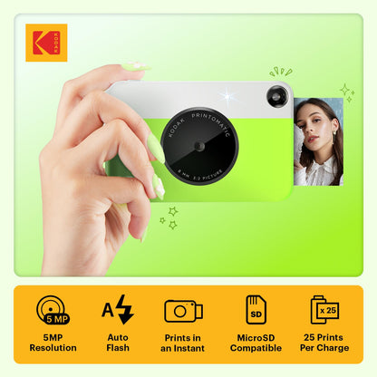 KODAK Printomatic Full-Color Instant Print Digital Camera - Colorful Photos On Zink 2x3" Sticky-Back Photo Paper - 5MP, Portable, Creative Fun Gift for Birthday, Christmas, Holiday - Green