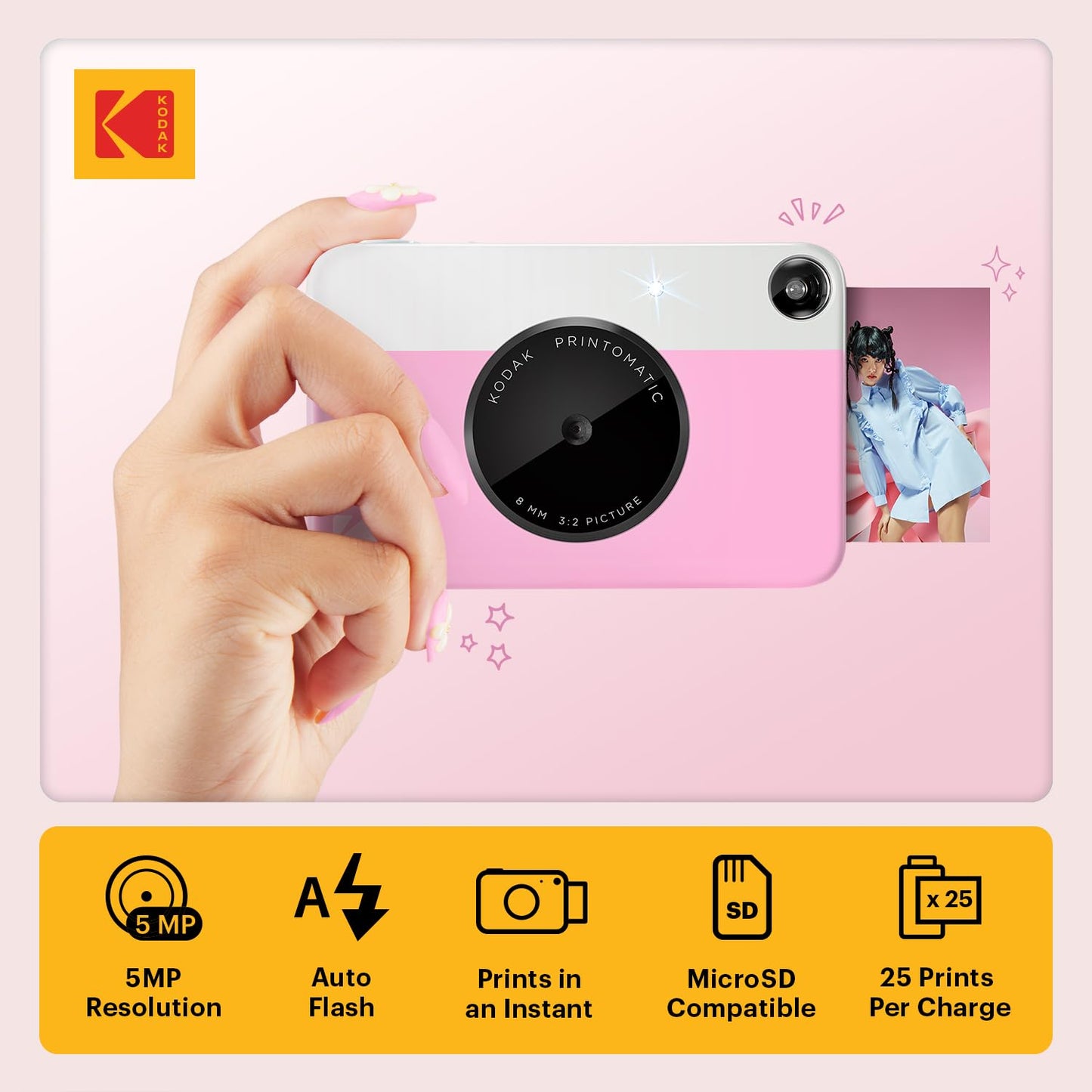 KODAK Printomatic Full-Color Instant Print Digital Camera - Colorful Photos On Zink 2x3" Sticky-Back Photo Paper - 5MP, Portable, Creative Fun Gift for Birthday, Christmas, Holiday - Pink