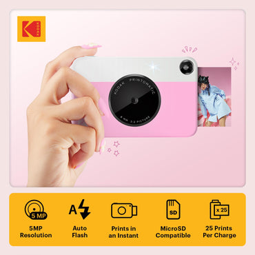 KODAK Printomatic Full-Color Instant Print Digital Camera - Colorful Photos On Zink 2x3" Sticky-Back Photo Paper - 5MP, Portable, Creative Fun Gift for Birthday, Christmas, Holiday - Pink