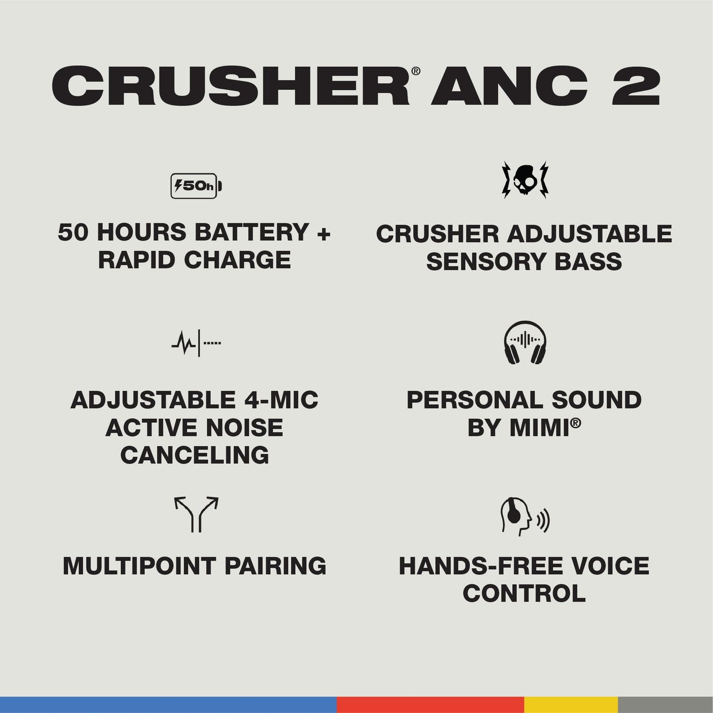 Skullcandy Crusher ANC 2 Over-Ear Noise Canceling Wireless Headphones with Sensory Bass and Charging Cable, 50 Hr Battery, Skull-iQ, Alexa Enabled, Microphone, Works with Bluetooth Devices - Black