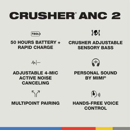 Skullcandy Crusher ANC 2 Over-Ear Noise Canceling Wireless Headphones with Sensory Bass and Charging Cable, 50 Hr Battery, Skull-iQ, Alexa Enabled, Microphone, Works with Bluetooth Devices - Black