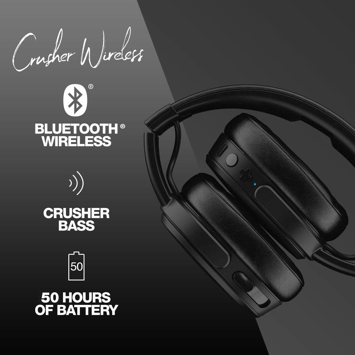 Skullcandy Crusher Wireless Bluetooth Headphones with Multi-Sensory Bass, Noise Isolating Over-Ear Fit, Up to 40 Hours Battery, Microphone for iPhone Android with Travel Bag - Black