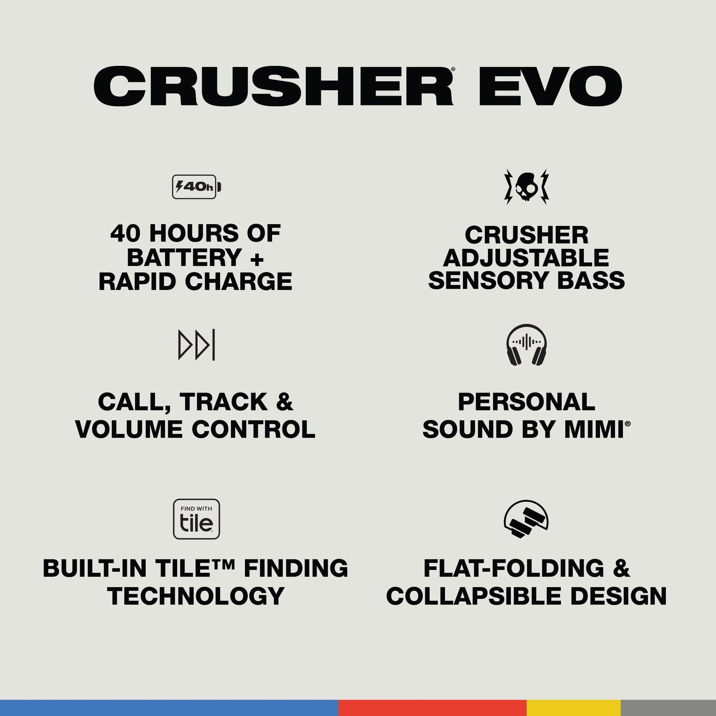 Skullcandy Crusher Evo Wireless Bluetooth Headphones with Multi-Sensory Bass and Charging Cable, Noise Isolating Over-Ear Fit, Up to 40 Hours Battery, Microphone for iPhone Android - Chill Grey