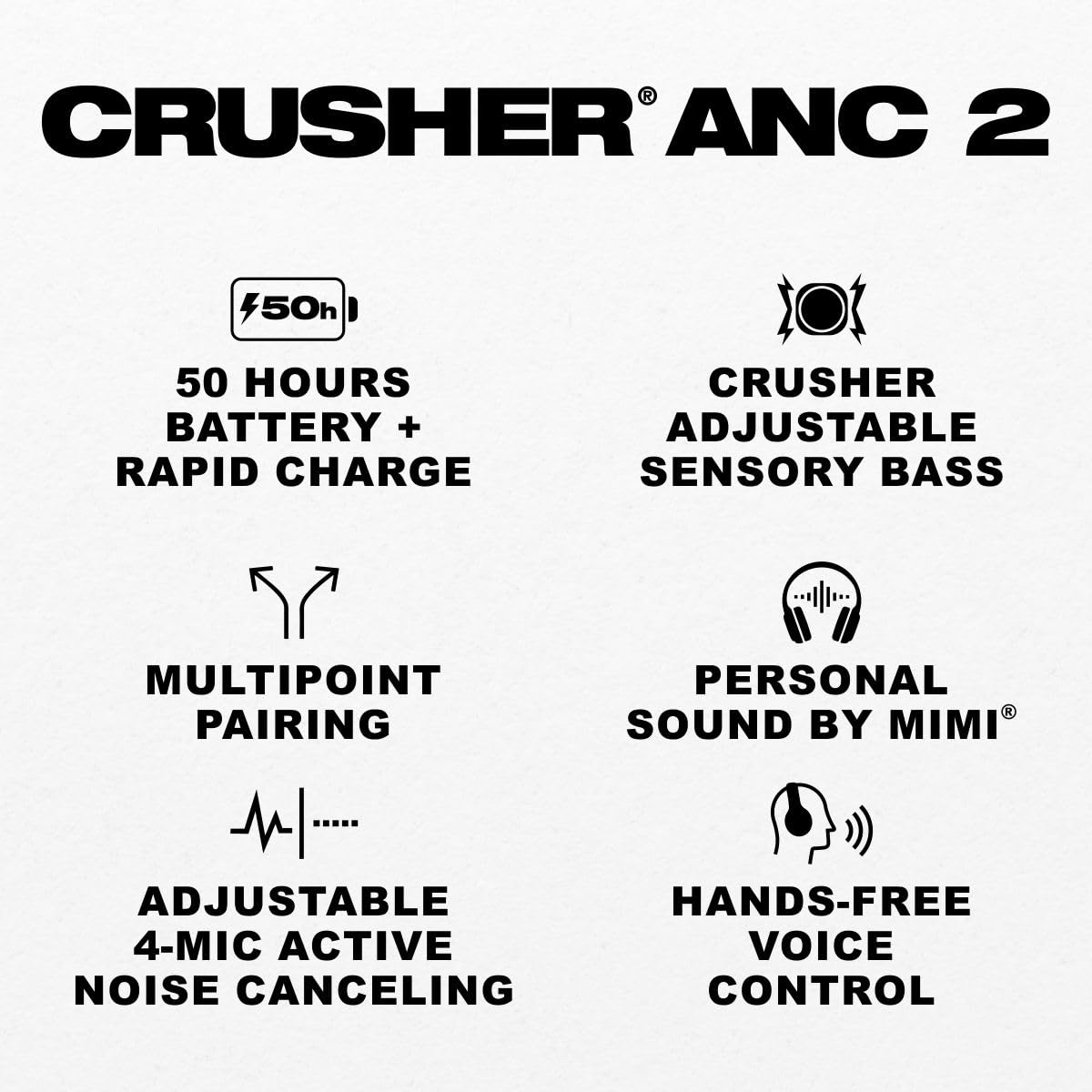 Skullcandy Crusher ANC 2 Over-Ear Noise Canceling Wireless Headphones with Sensory Bass and Extra Charging Cable, 50 Hr Battery, Microphone, Works with Bluetooth Devices, Preppy Summer Resort