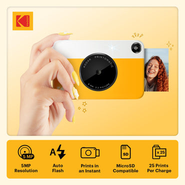 KODAK Printomatic Full-Color Instant Print Digital Camera - Colorful Photos On Zink 2x3" Sticky-Back Photo Paper - 5MP, Portable, Creative Fun Gift for Birthday, Christmas, Holiday - Yellow