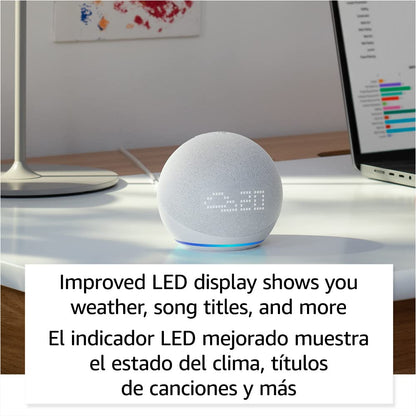 Echo Dot (5th Gen, 2022 release) with clock | International Version with US Power Adaptor | Smart speaker with clock and Alexa | Glacier White