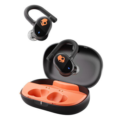 Skullcandy Push Play Active Wireless Earbuds, Bluetooth Headphones, Noise Isolating, 34 Hrs Battery, Secure-Fit Over-Ear Hanger, Sweat Water Resistant, Microphone for iPhone Android - Black/Orange
