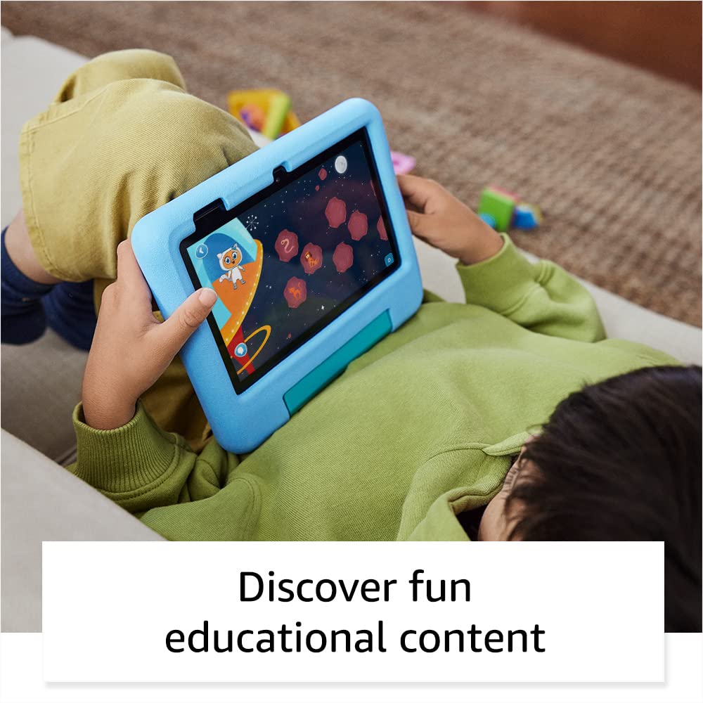 Amazon Fire 7 Kids tablet (newest model) ages 3-7. Top-selling 7" kids tablet on Amazon. Set time limits, age filters, educational goals, and more with parental controls, 16 GB, Blue