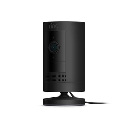 Ring Stick Up Cam Plug-In HD security camera with two-way talk, Works with Alexa - Black