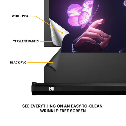 KODAK 100” Projection Screen | Portable Lightweight White 16:9 Projector Screen, Adjustable Tripod Stand & Storage Carry Bag | Adjustable Height & Easy Assembly for Home, Office, School & Church