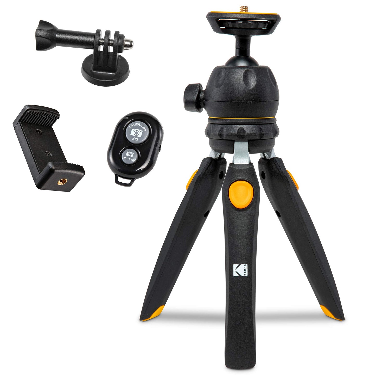 Kodak Mini Tripod for Luma 75, Luma 150, Luma 350 with 360° Ball Head, Adjustable Compact 9” Tabletop Tripod, 5-Position Legs, Rubber Feet, Smartphone & Action Camera Adapters Included