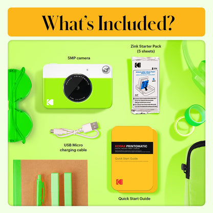 KODAK Printomatic Full-Color Instant Print Digital Camera - Colorful Photos On Zink 2x3" Sticky-Back Photo Paper - 5MP, Portable, Creative Fun Gift for Birthday, Christmas, Holiday - Green