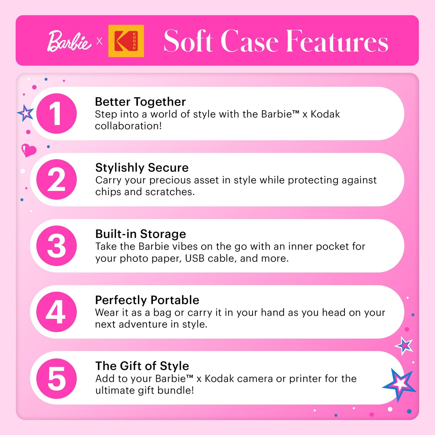 Kodak x Barbie Soft Case with Zipper Closure and Crossbody Shoulder Bag (Pink) Compatible with Printomatic Camera or Step Slim Photo Printer