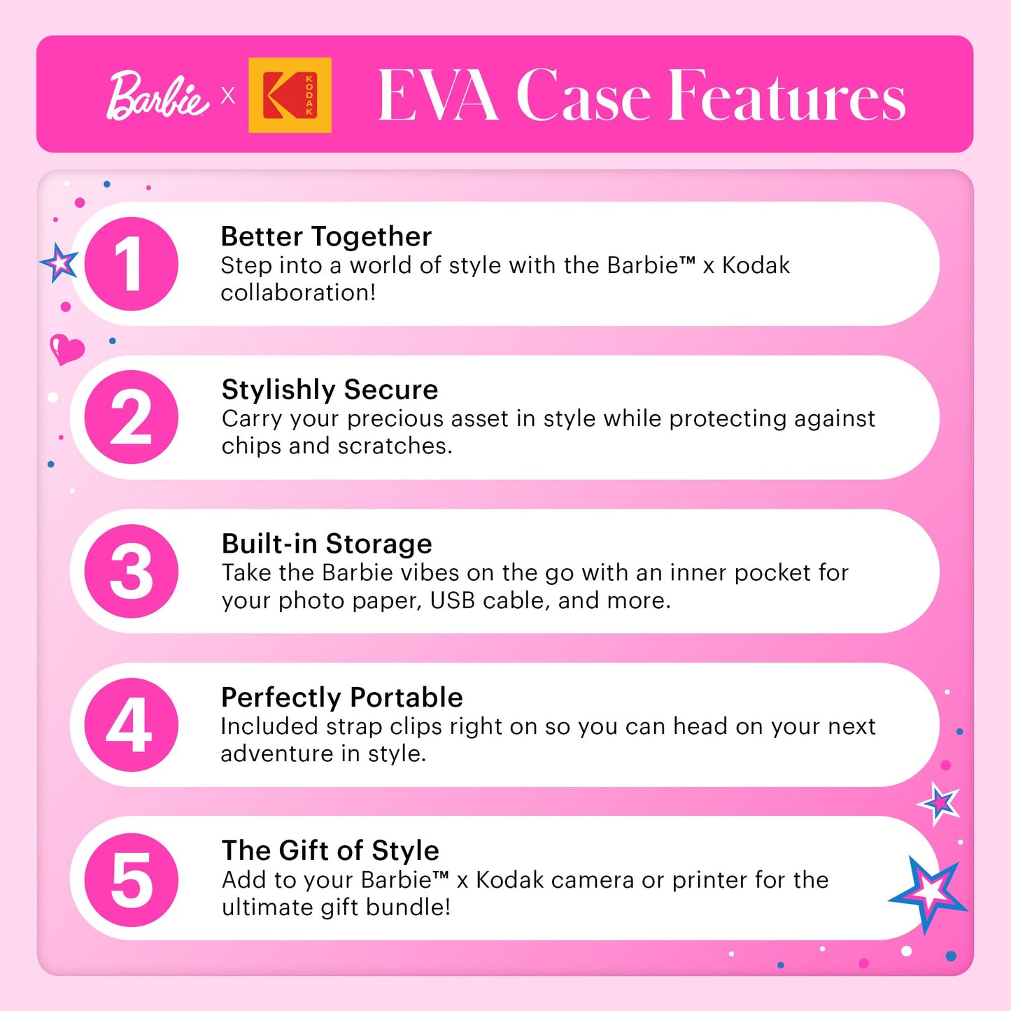 Kodak x Barbie EVA Case with Removable Strap, Built-in Mesh Pocket (Pink) Compatible w/Kodak x Barbie Printomatic or Step Slim Photo Printer