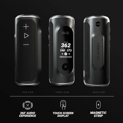 Blue Tees Golf Player+ GPS Speaker with Touch Screen Display, 10+ Hours Battery, 40,000+ Courses, Visual + Audible Distance, Hazard Distance - IPX7 Waterproof (Navy)