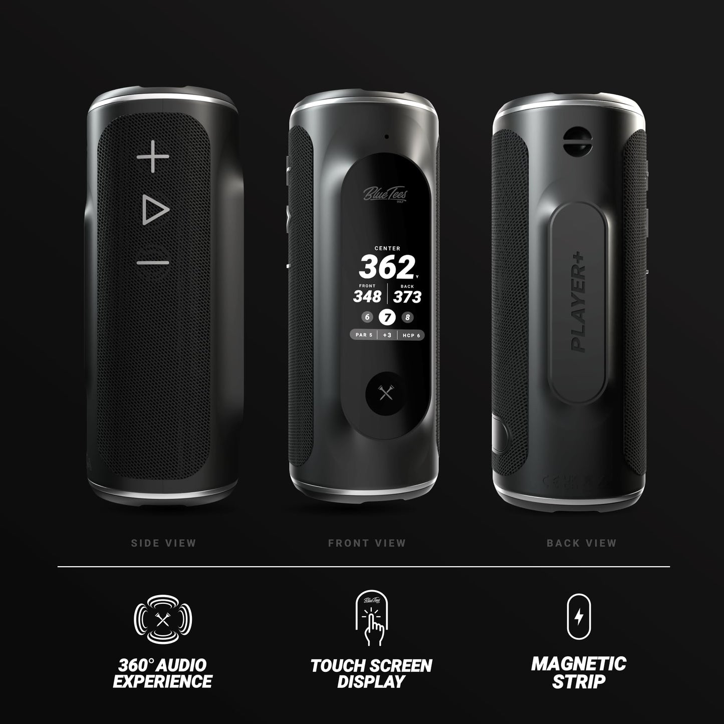 Blue Tees Golf Player+ GPS Speaker with Touch Screen Display, 10+ Hours Battery, 40,000+ Courses, Visual + Audible Distance, Hazard Distance - IPX7 Waterproof (Navy)