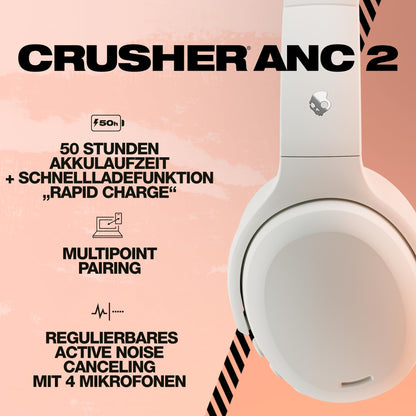 Skullcandy Crusher ANC 2 Over-Ear Noise Canceling Wireless Headphones with Sensory Bass and Extra Charging Cable, 50 Hr Battery, Microphone, Works with Bluetooth Devices, Bone