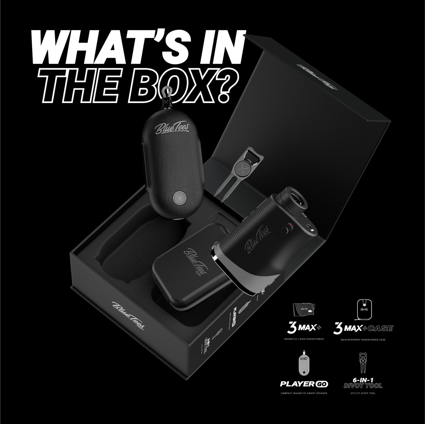 Blue Tees Golf Player Pack GO Bundle - Series 3 Max+ Rangefinder with Premium Case, The Player GO GPS Equipped Magnetic Speaker & Premium 6-in-1 Utility Divot Tool - The Complete Golf Bundle