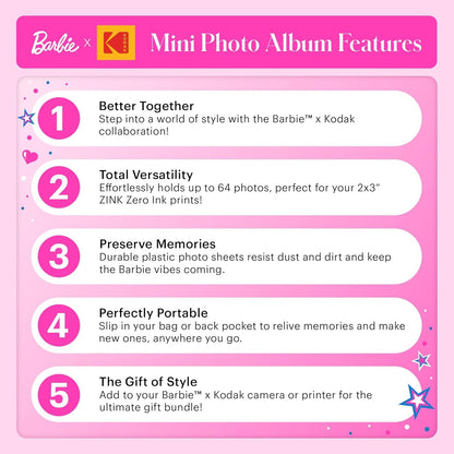 Kodak x Barbie 64-Photo Mini Photo Album with Transparent Window Cover for Barbie Instant 2x3” ZINK Zero Ink Photo Paper