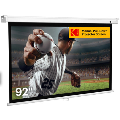KODAK Manual Pull-Down White Projector Screen 92" Inch | Large 16:9 Office, Home Movie Theater Screen with Wall & Ceiling Mount Options, Easy-Clean Matte Fabric & Retractable Hanging Design | Indoor.